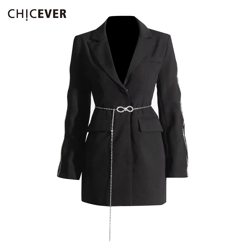 CHICEVER Spliced Metal Chain Tunic Chic Blazers for Women Notched Collar Long Sleeve Patchwork Diamonds High Street Coat Female