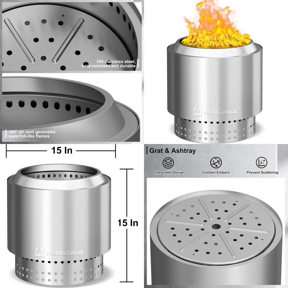 

15 Portable Outdoor Wood Burning Fire Pit with Removable Ash Pan, Waterproof Cover & Poker, Stainless Steel for Backyard Camping