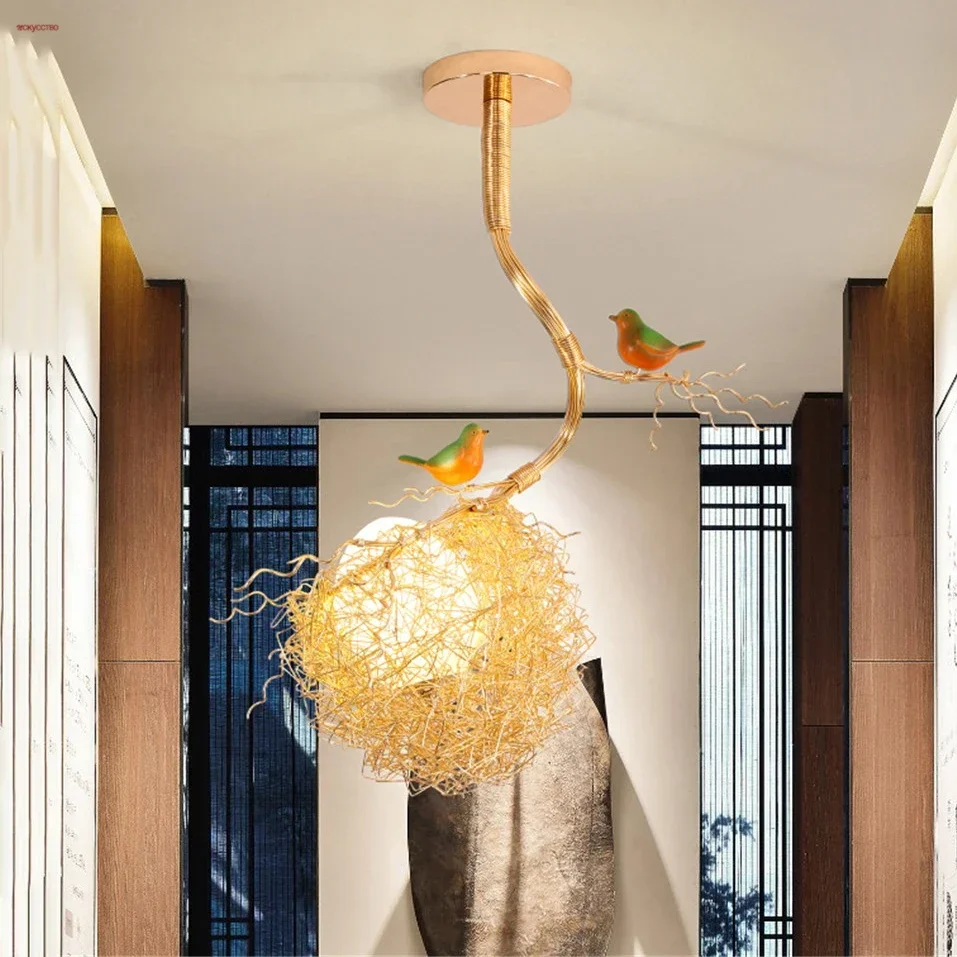 Modern LED Chandeliers Cottagecore Gold Bird'S Nest for Living Room Bar Dining Table Loft Decoration Hanging Lighting Fixtures