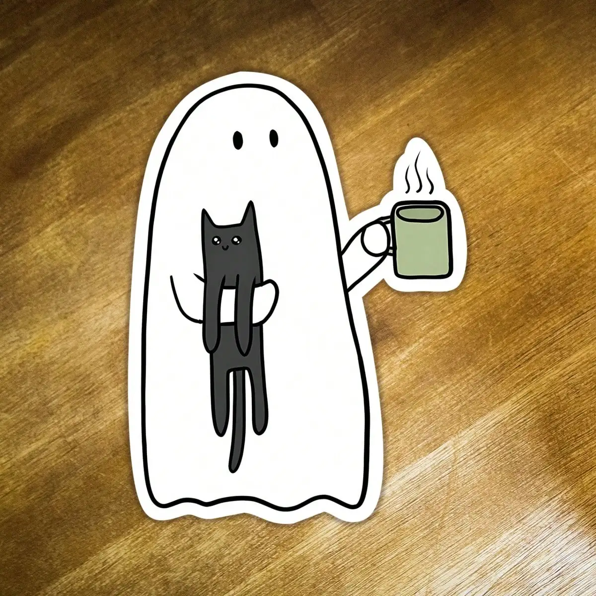 

Spooky Season Ghost with Black Cat & Hot Drink Laptop/Car Sticker