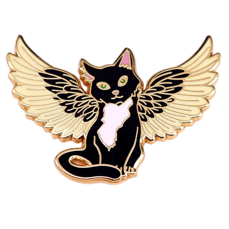 1pc Schwarze Katze Engel Emaille Pin Anstecknadeln für Rucksack Männer Frauen Brosche für Kleidung Aktentasche Abzeichen Mode Zubehör