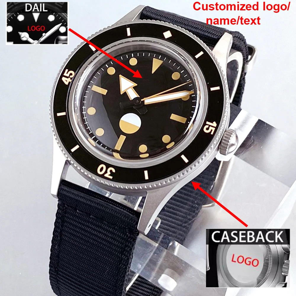 โลโก้ที่กําหนดเอง 50-Fathoms สไตล์นาฬิกา Retro Dome Sapphire Glass Luminous BEZEL NH35 การเคลื่อนไหวดําน้ํา 200 M กันน้ํา