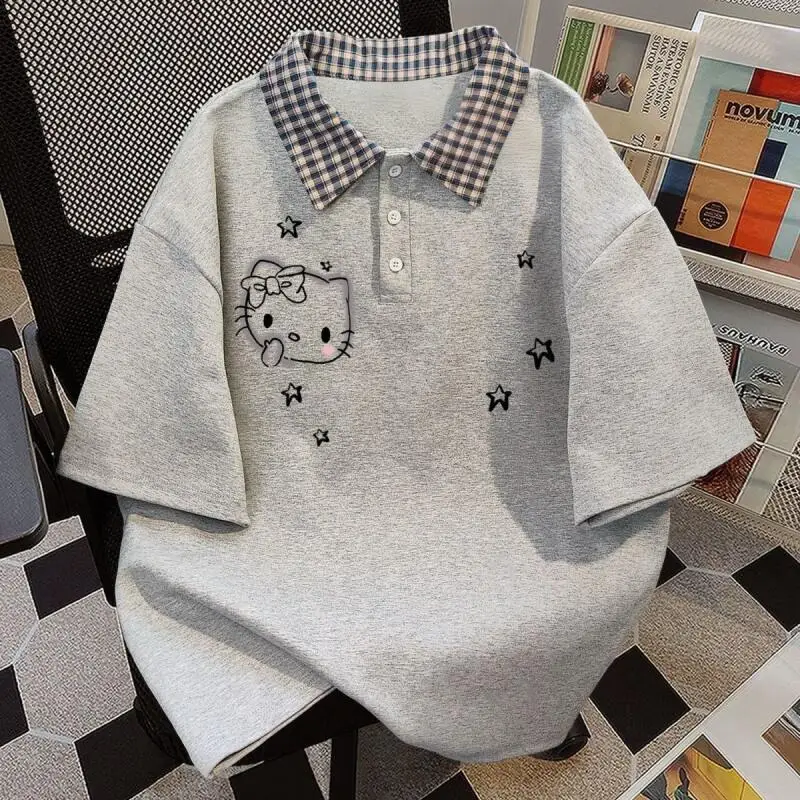 

Футболка Sanrio из чистого хлопка Hello Kitty в студенческом стиле с короткими рукавами, летние новые модные повседневные простые универсальные свободные топы для девочек