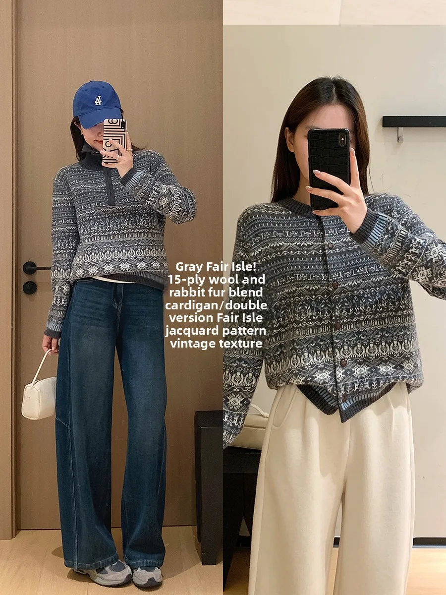 

Thiened Knitted Woolen Sweater Women's Casual Sle Double Version Fair Isle Motif Knitwear Casual Wear Inner Match