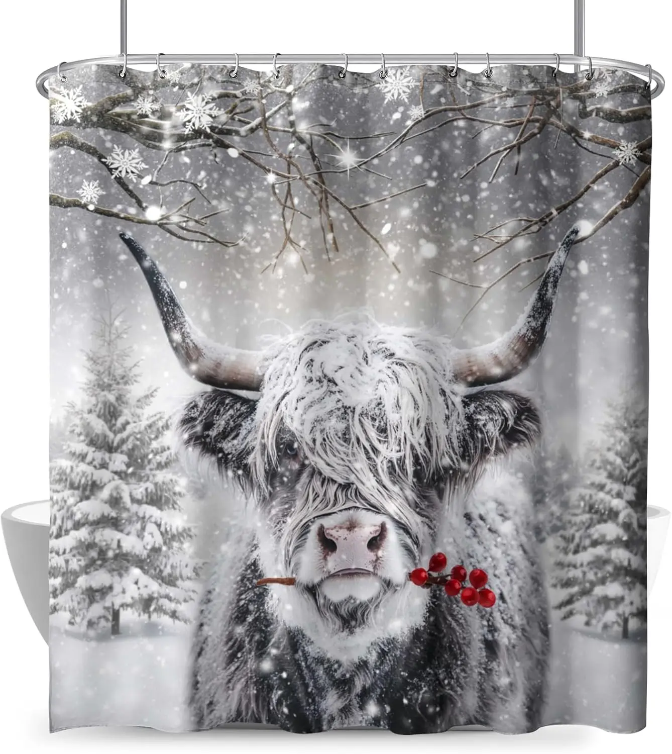 Highland Cow Shower Curtain Winter Rustic Bull Portrait Snowflake Christmas Trees Gray Shower Curtains for Bathroom Xmas Berry