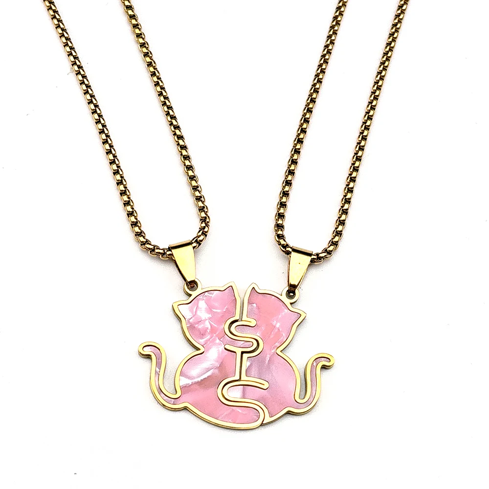 2-teiliges Set Edelstahl Schwarz Weiß Rosa Katzen-Halskette Liebesumarmung Katzen Paar-Anhänger Halsketten BFF Schmuck für Frauen und Freundinnen – Detail 9