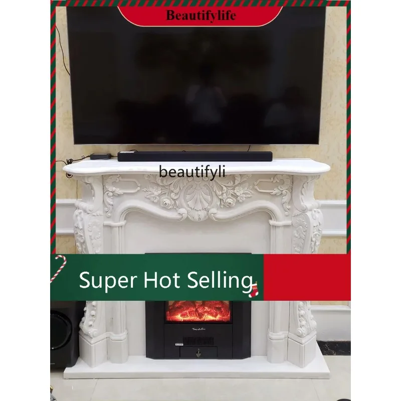 D80  Marble Fireplace European Style White Marble Material Carved American Embossed Flower Simple Living Room Background Wall