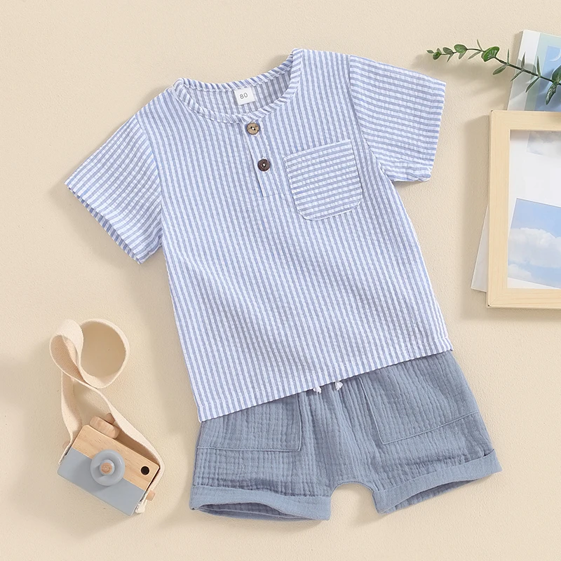 fhutpw Baby Boy Summer Outfits Henley Shirt Soft Pocket Short Sleeve Tops Shorts Sets Infant 3 6 12 18 Months 2T Clothes