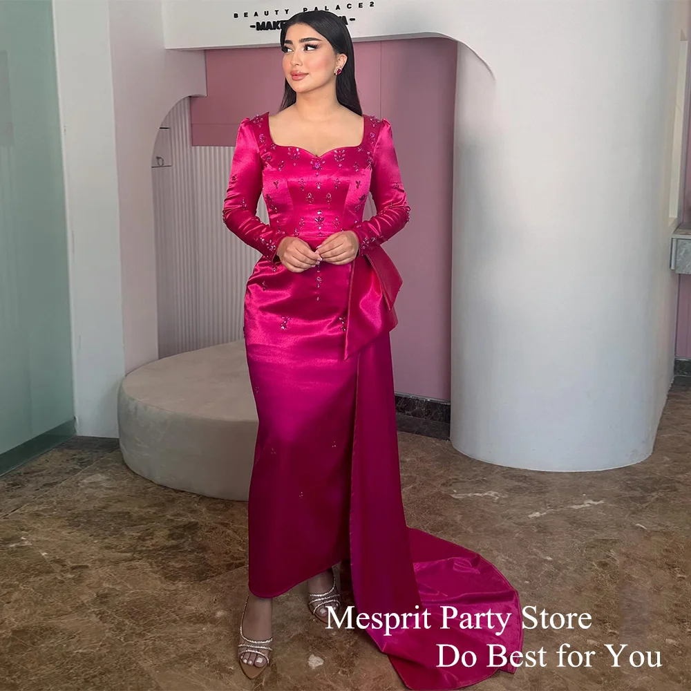 Saudi Evening Dress Fuchsia Mermaid Party Gown Sweetheart Long Sleeve Crystal Stones Ankle Length Formal Dresses for Weddings