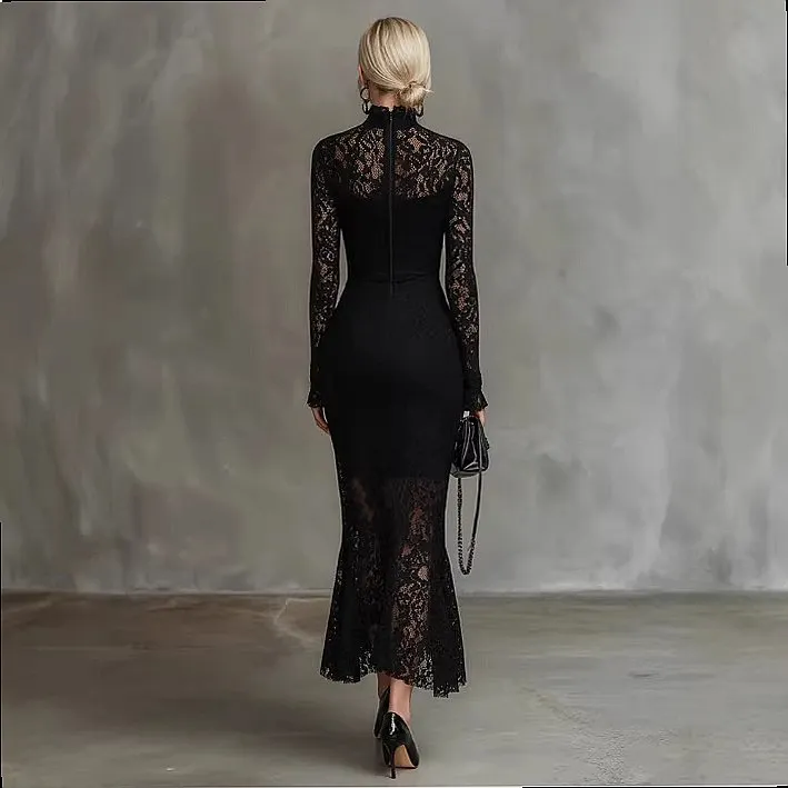 Elegant Black Stretch Lace Mermaid Evening Dress Long Dresses for Party Spring Summer Matching Set