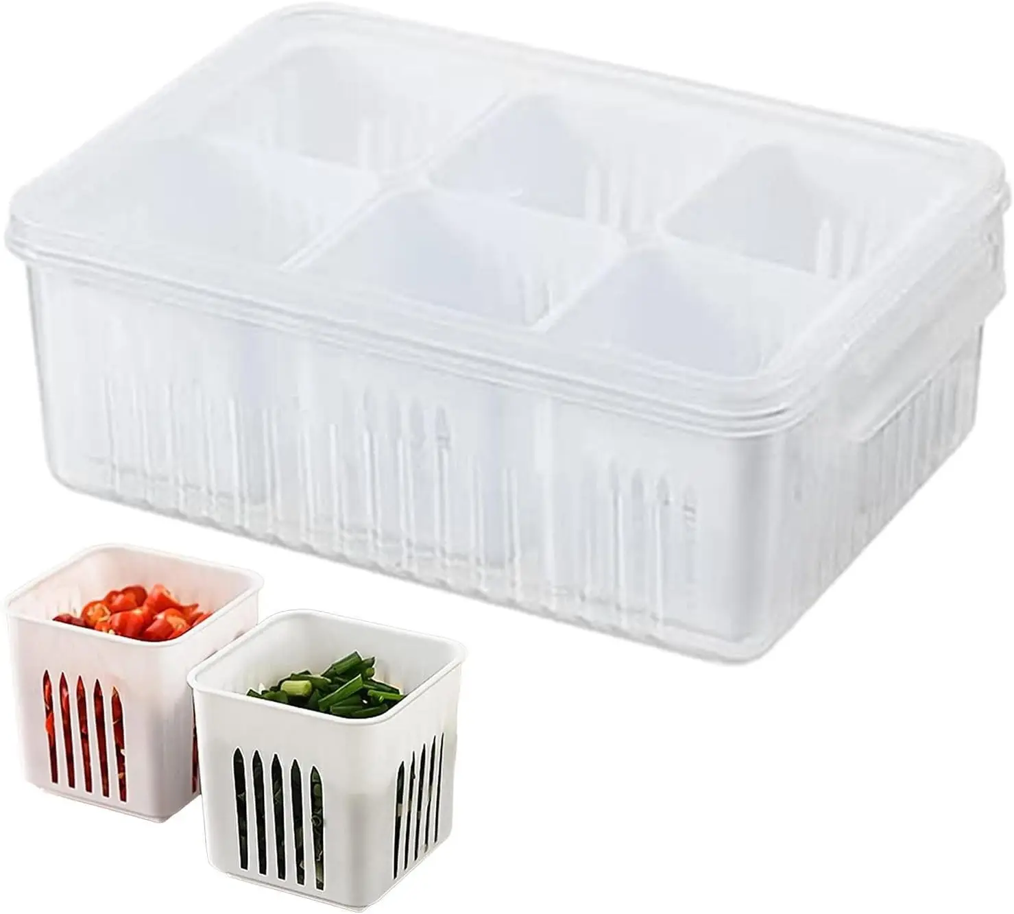 

6-in-1 Kitchen Scallion Box, 6 Grids Draining Crisper Portable Divided Fruit Container Ginger Basket Refrigerator Food Conta