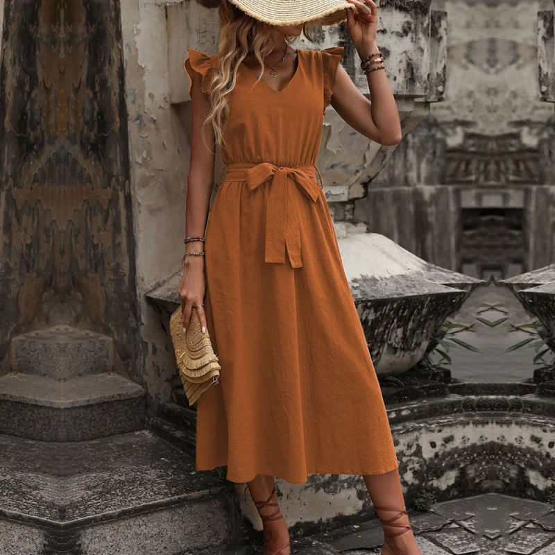 

YQ1-New Women's Fashion Sexy Backless Waist-Cinching Flared Country Style Vacation Dress
