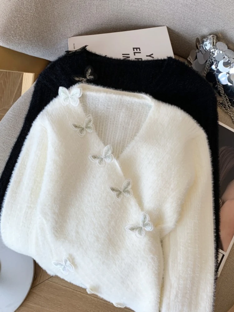 Harajuku Vintage élégant tricot doux pull femmes coupe ajustée à manches longues col en v hauts irréguliers décontracté mode bureau dame pulls