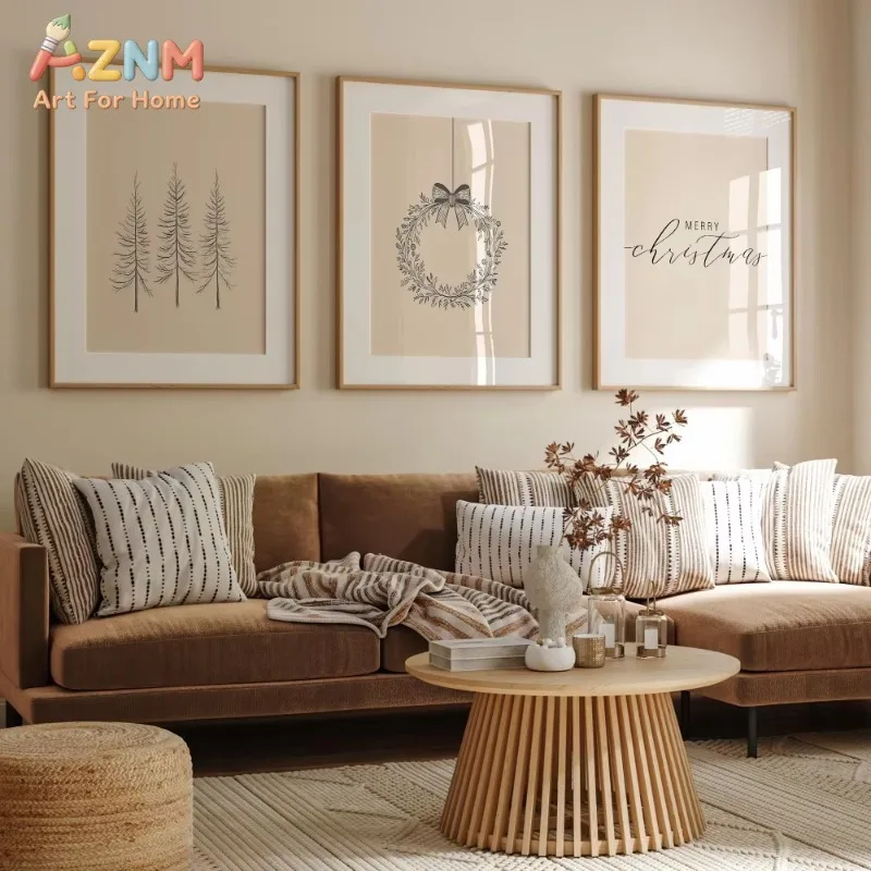 3PCS Neutral Christmas Canvas Wall Art Sketch Pine Tree Wreath Merry Christmas Farmhouse Wall Prints Living Room Decor Poster Gi