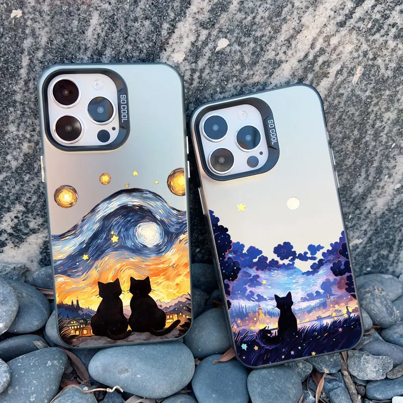 Casing ponsel iPhone 15 Pro Max, penutup Laser tahan guncangan, lukisan minyak van-gogh kucing untuk iPhone 11 12 13 Mini Pro Max 14 Pro Max Plus