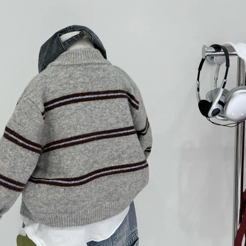 Kids Striped Half Zip Up Knit Cardigan 2026 Fall Winter Korean Style Black Grey Colorblock Fashion Warm Sweater Outerwear