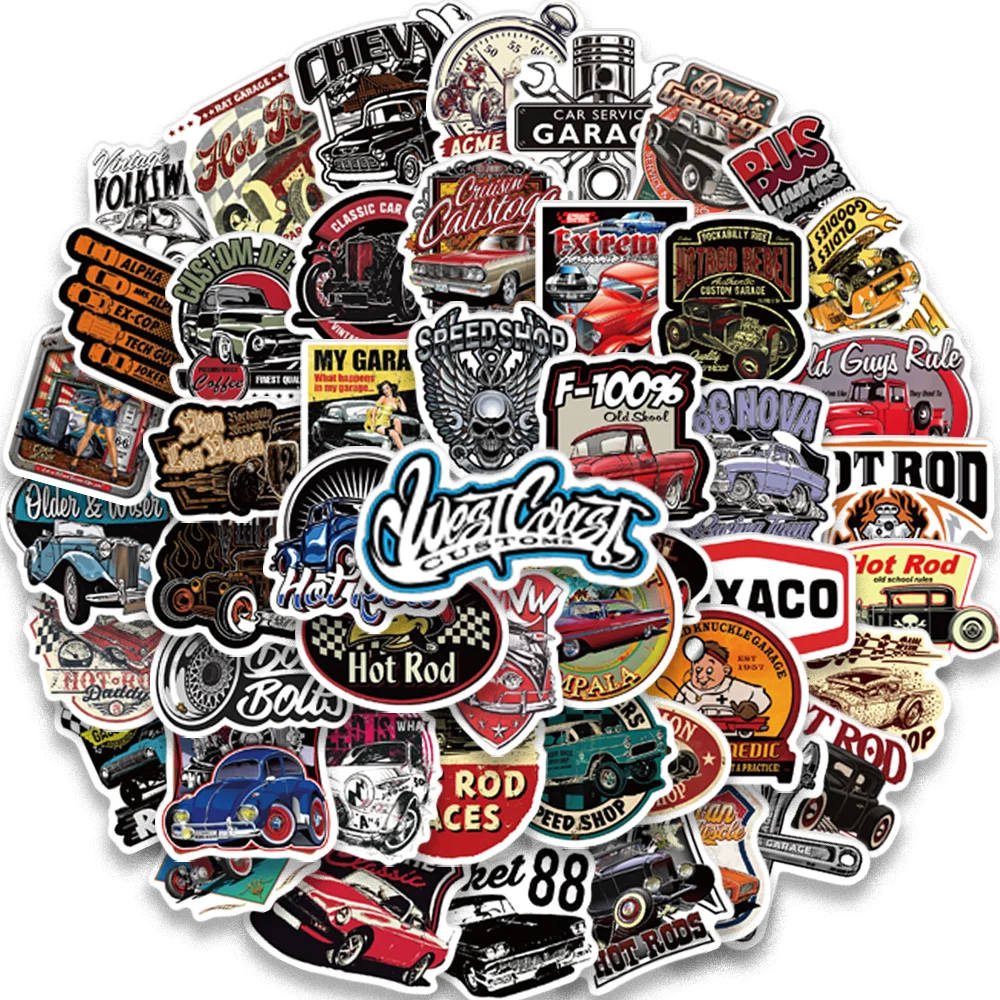 50pcs Retrofit Racing Car Stickers for Helmet Skateboard Laptop Luggage Classic Graffiti Retro Waterproof Decals