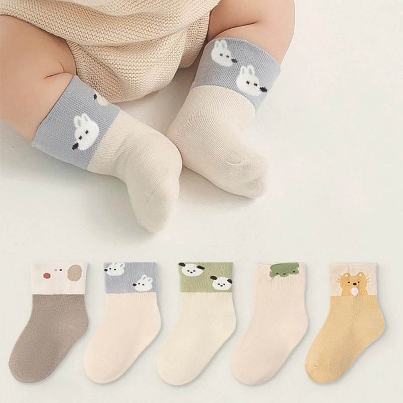 

5Pairs Baby Socks Newborn Spring Autumn Mid Tube Sock Cute Cartoon Kids Cotton Sock Soft Comfortable Children Footwear 1-3Year