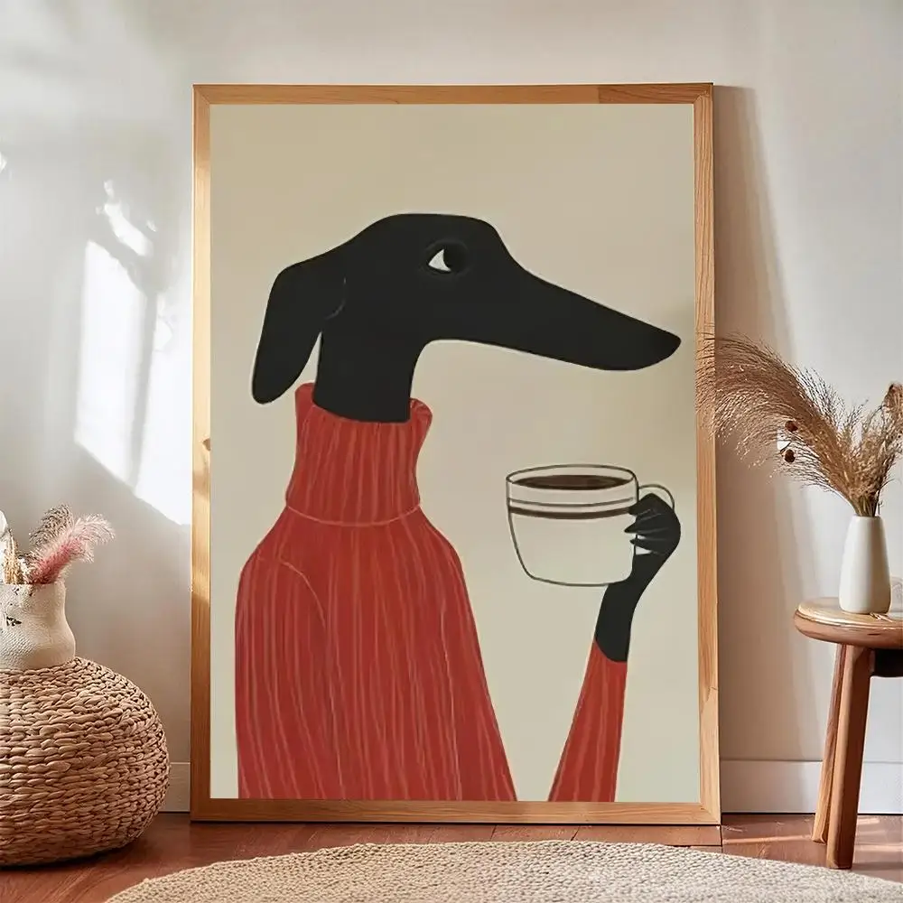 Retro Black Hound Dog HD Wall Art Poster Red Sweater Coffee Cup Stylish Canine Minimalist Modern Cafe Home Decor Dog Lover Gift