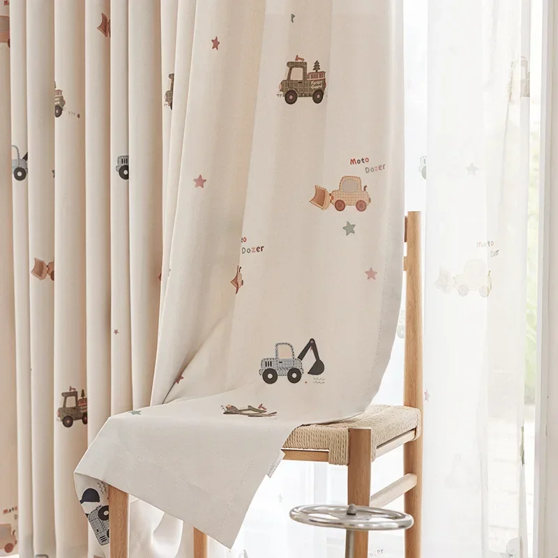 Custom Size Cotton Linen Embroidered Cartoon Engineering Car Blackout Curtains for Living Dining Room Bedroom Window Decor