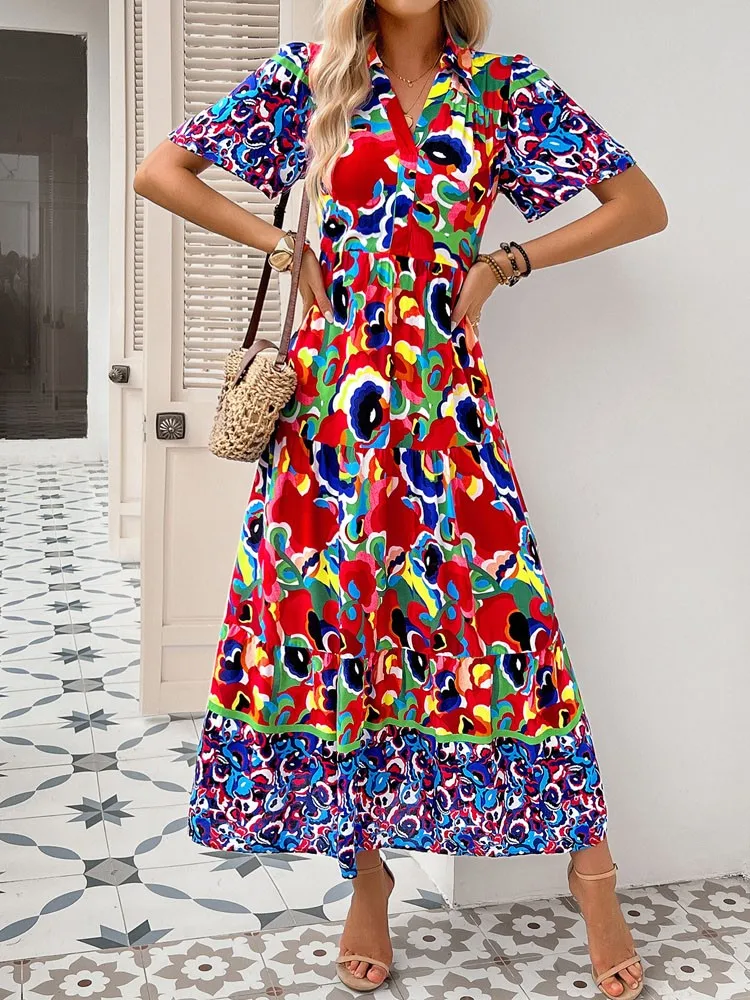 

Women's spring/summer vacation casual style printed dress with patchwork V-neck woven high waisted A-line skirt