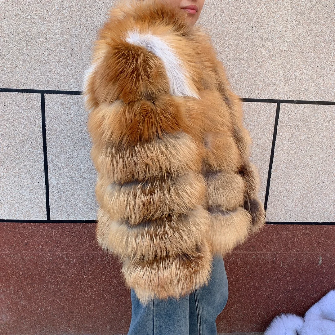 HUA QIU MEI SI Natural Red Fox Fur Jacket for Women's Winter Warmth 100% True Fur Leather Jacket Red Fox Jacket