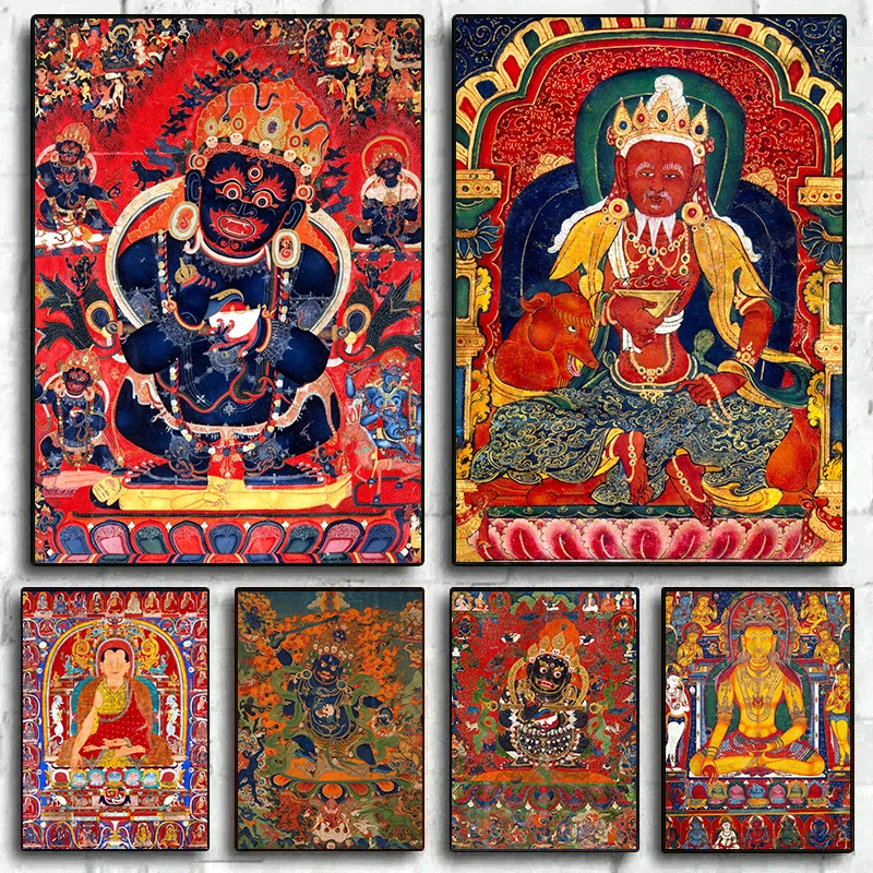 Vintage Buddhist Art Poster Buddha Shakyamuni Manjushri Mahakala Print Canvas Painting for Living Room Home Decor Wall Picture