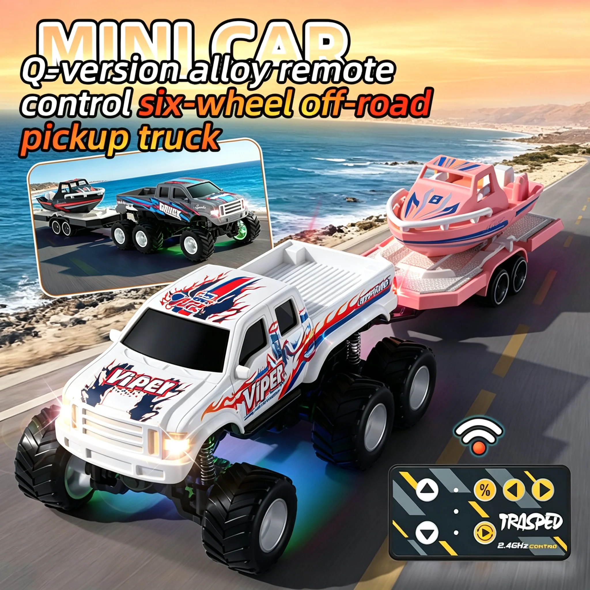 1:64 Mini RC Alloy Car Off-road Pickup Truck 2 in 1 Cool lights Remote Control Vehicle Tractor Toy for Kids Boy Birthday Gift