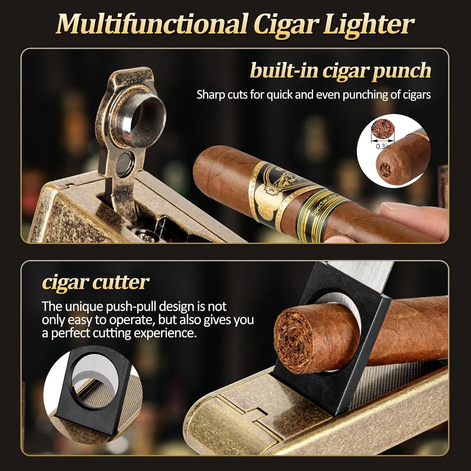 杉材と革製の葉巻箱セット（ライター、加湿器、トレイ付き、葉巻7本収納可能）- 持ち運び可能なトラベルケース、男性へのギフト