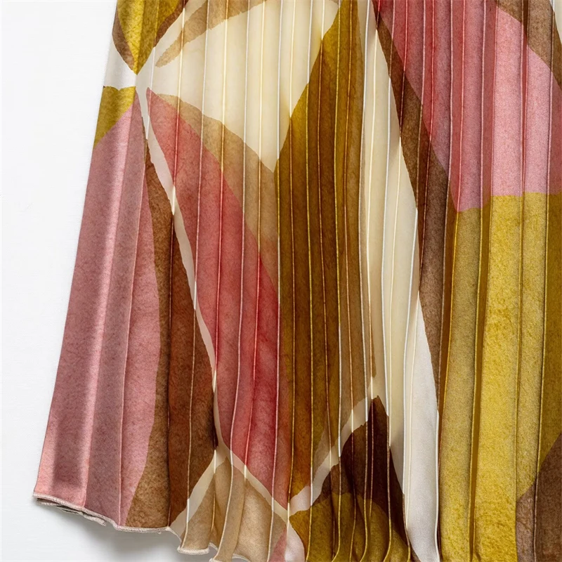 KEYANKETIAN letnia nowa damska kontrastowy kolor nadruk geometryczny plisowana spódnica wakacyjny wiatr w pasie płynąca spódnica MIDI w kształcie litery A