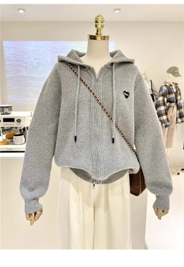 الخريف الشتاء بسيط التطريز القلب فضفاض النسخة الكورية سميكة الدافئة سستة سترة مقنعين محبوك سترة المرأة معطف الاتجاه #3