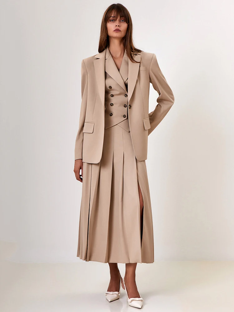 JULISSA MO Notched Collar Pleated Skirt Suit Women Two Piece Sets Single Breasted Vest High Slit Skirt Autumn Official Skirt Set