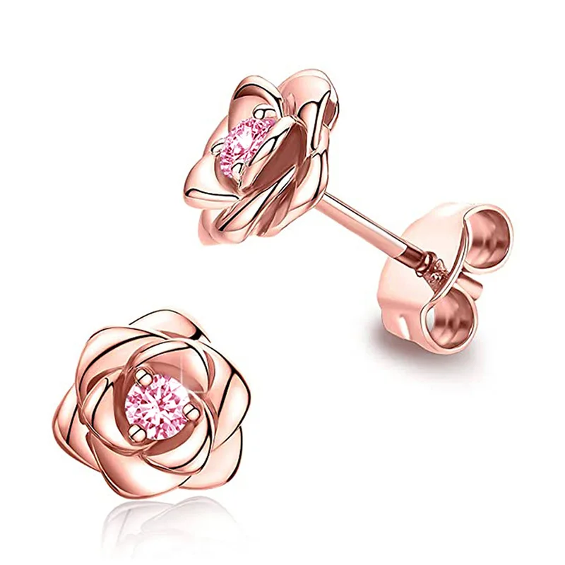 Women's Exquisite Rose Stud Earrings with Cubic Zirconia