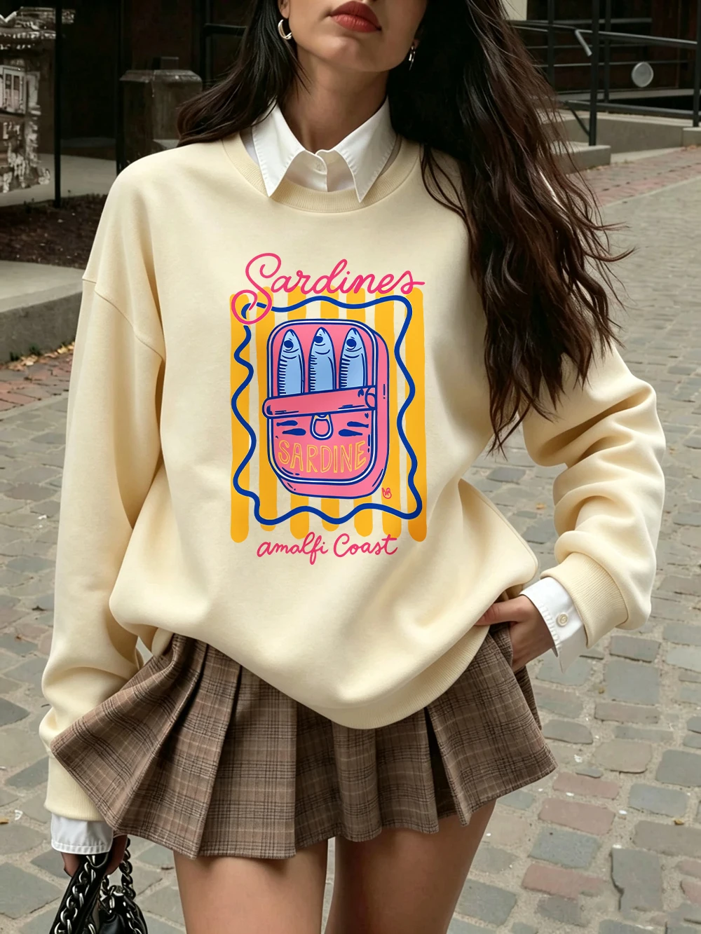 Sardines Amalfi Coast Prints Sweatshirts für Damen, Fleece, warm, bequem, Kapuzenpullover, Rundhalsausschnitt, lockere Oberteile, Winter, lässige Damenkleidung – Detail 12