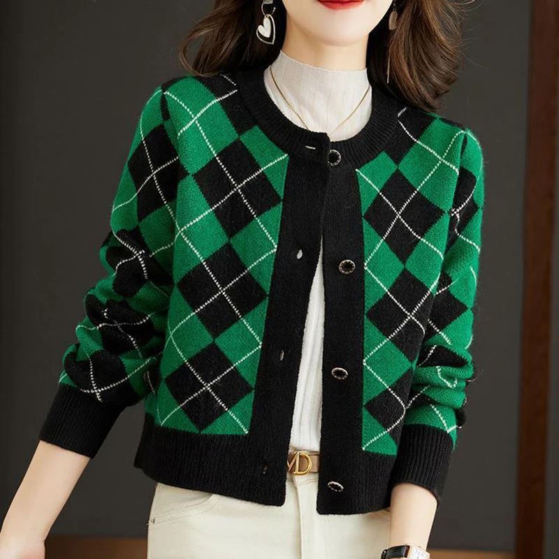 Elegant O Neck Plaid Cardigan Sweater For Women 2023 Autumn Winter Korean Fashion Clothing Long Sleeve Knitted Crop Tops Female