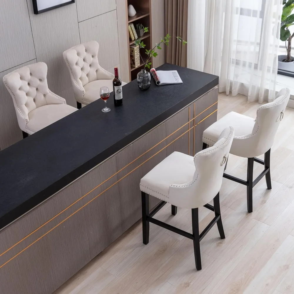 Bar Stools Set of 2, Velvet 26 Inch Seat Height Counter Height Barstools with Back, Rivet Trim Bar Chairs