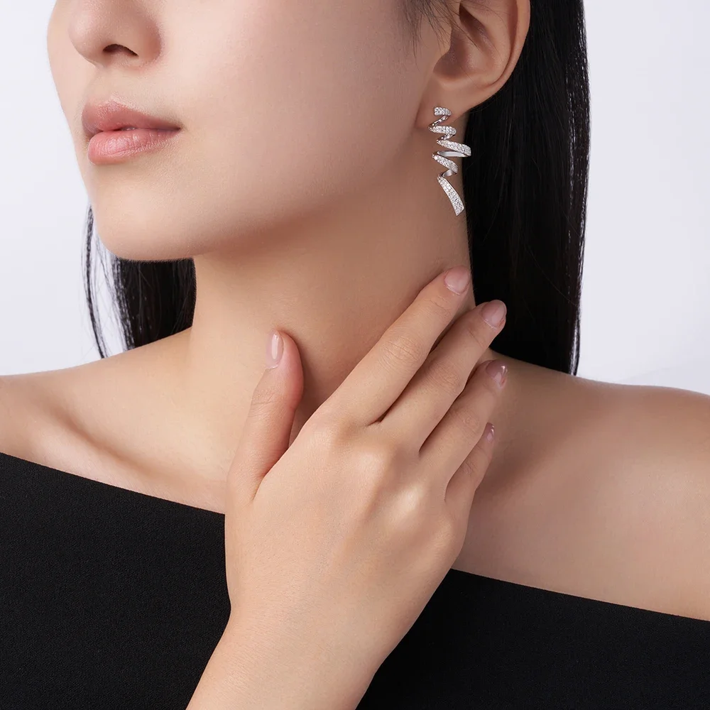 

JIUZUAN стерлингового серебра S925, спиральные серьги с муассанитом для женщин, витой дизайн с муассанитом, элегантные модные украшения