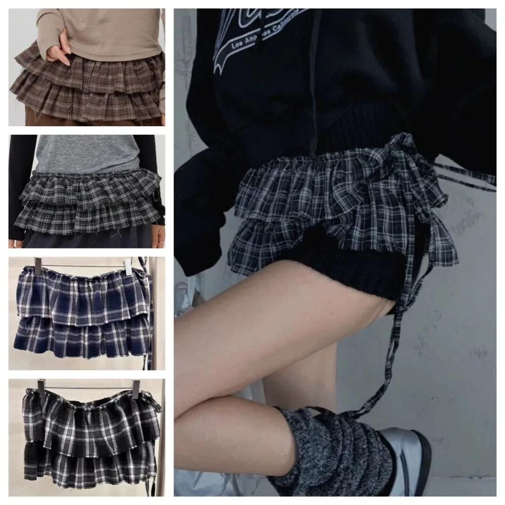

Hip-hop Layer Outfits Plaid Skirt Shirt Extender Sweet Lace Up Hip Scarf Korean Style Y2K Ruffled Edge Waistband