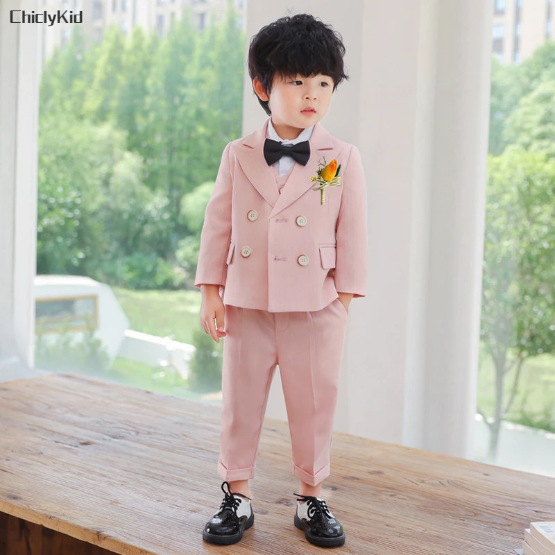 High Quality Kids Solid Blazer Jacket Vest Pants Suit Boys Tuxedos Formal Wedding Dress Child Clothes Set Toddler British Outfit