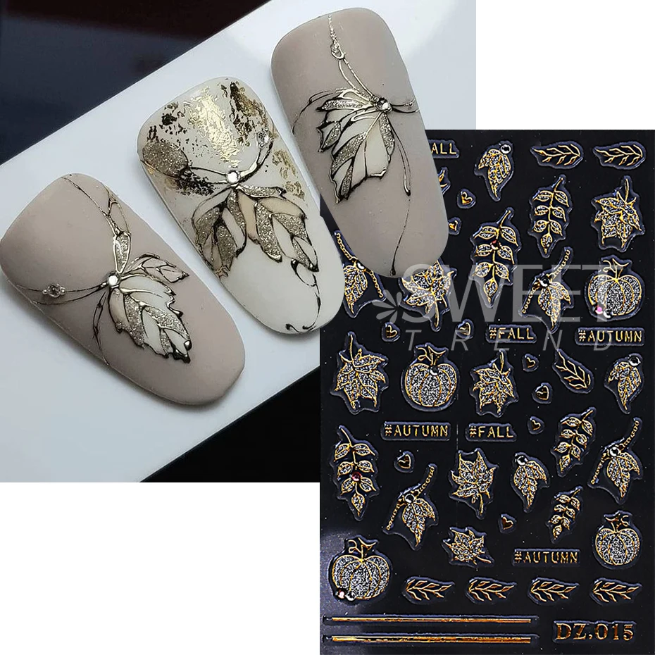 Autocollant pour ongles, feuilles d'érable citrouille d'automne, avec strass, ligne métallique, paillettes argentées, curseur, décoration de manucure, 2 pièces