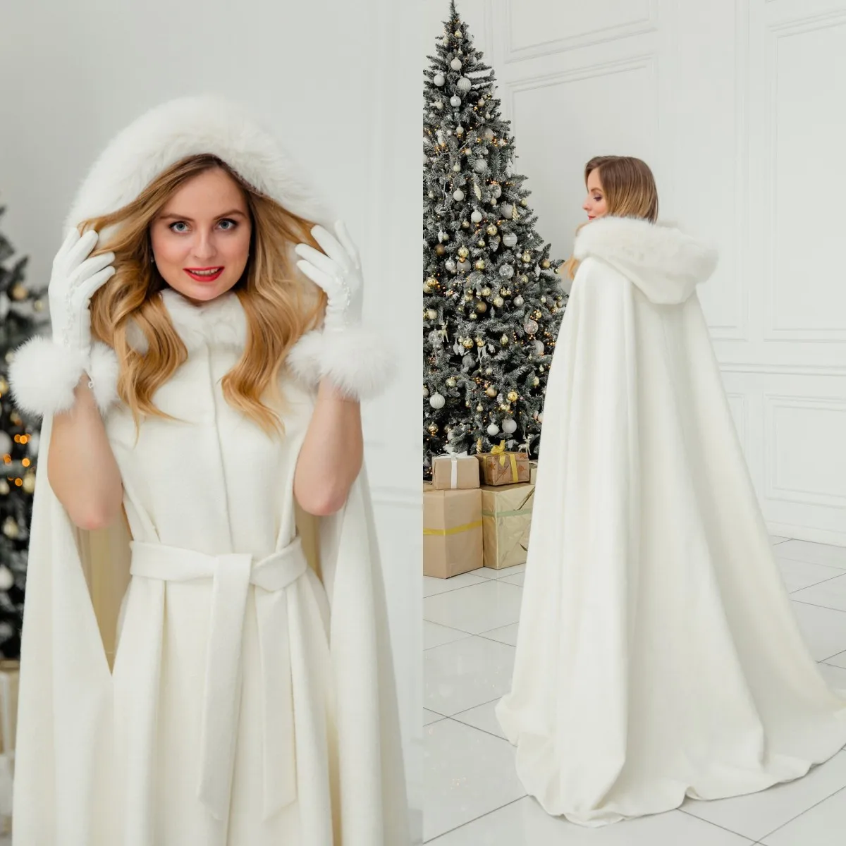 Vintage White Bridal Wraps Warm Furs Winter Bridal Wedding Cape Fashion Custom Made Women Lady Long Cloak Evening Party Jacket