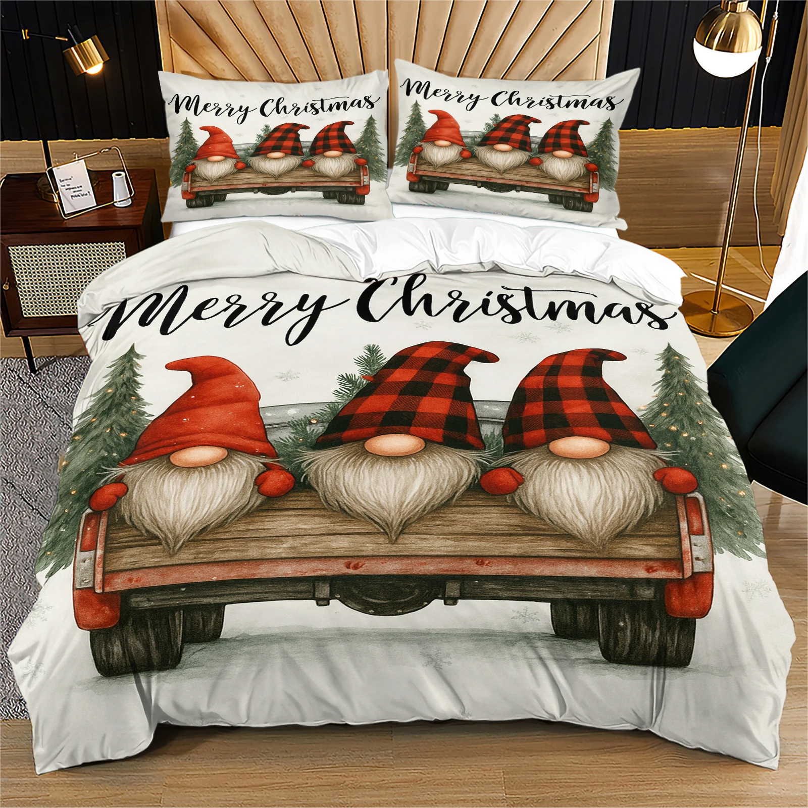 Christmas Gnome Vintage Red Truck Duvet Cover Set Farmhouse Style Holiday Bedroom Decor Perfect Holiday Housewarming Gifts
