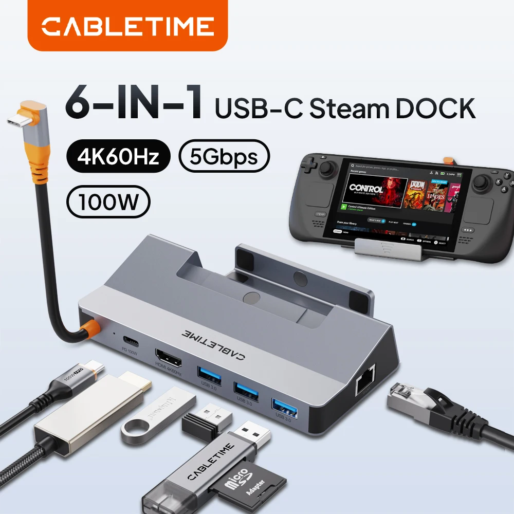 CABLETIME USB C Docking Station for Steam Deck 4K HDMI Ethernet 1000Mbps PD100W for Switch iPad MacBook pro iPhone hub