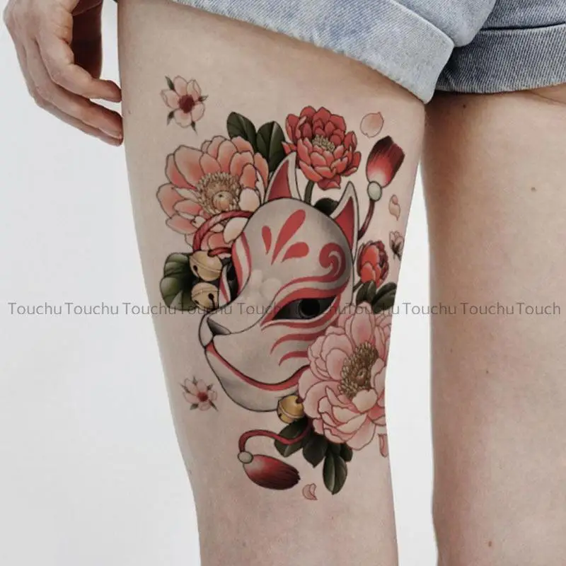 Vintage Ukiyoe Red Fox Mask Flowers Temporary Tattoos Transfer Tattoo Hand Body Art Waterproof Fake Tatoo Stickers for Woman Men