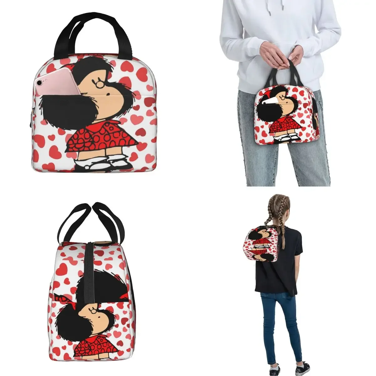 Bolsa de almuerzo con aislamiento de corazón de Mafalda para hombres y mujeres, bolsa enfriadora, contenedor de comida, caja de almuerzo de alta capacidad de dibujos animados de Amina, trabajo al aire libre