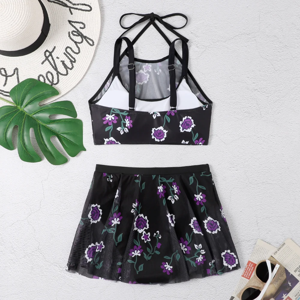 Ffloral Pinted Two Pieces Swimsuit Women 2023 Halter Swimwear Skirt Female Bathers Bathing Swimming Suit Beachwear Summer