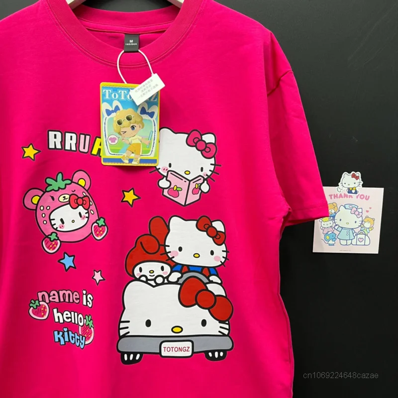 Sanrio Hello Kitty New Clothes Rose Red Fashion Short Sleeve T-shirts Y2k Summer Cotton Loose Tees Women Korean Style Sweet Tops