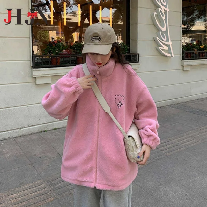 Winter Letter Pink Zippercoat Lamb Wool Keep Warm Mid-length Women Sweatshirt Embroidery Cute Biscuit Bear Fashion Lady Pullover