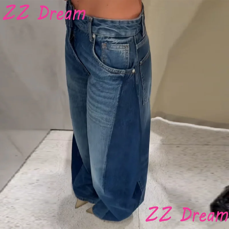Chic Women's Pants Y2K Side Patchwork Contrast Jeans High Waist Wide Leg Pockets Trouser 2025 New Autumn Casual High Street Pant