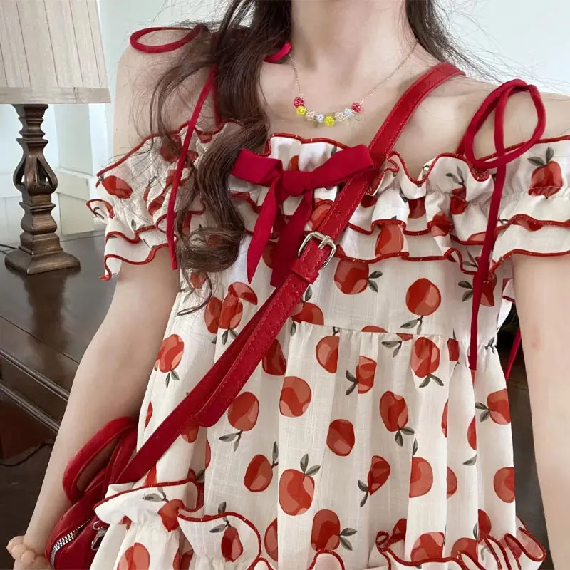 Stylish Folds Slash Neck Dresses Bow Sweet Printed Female Clothing Sleeveless 2024 Summer Loose A-Line Casual Spliced Midi Dress